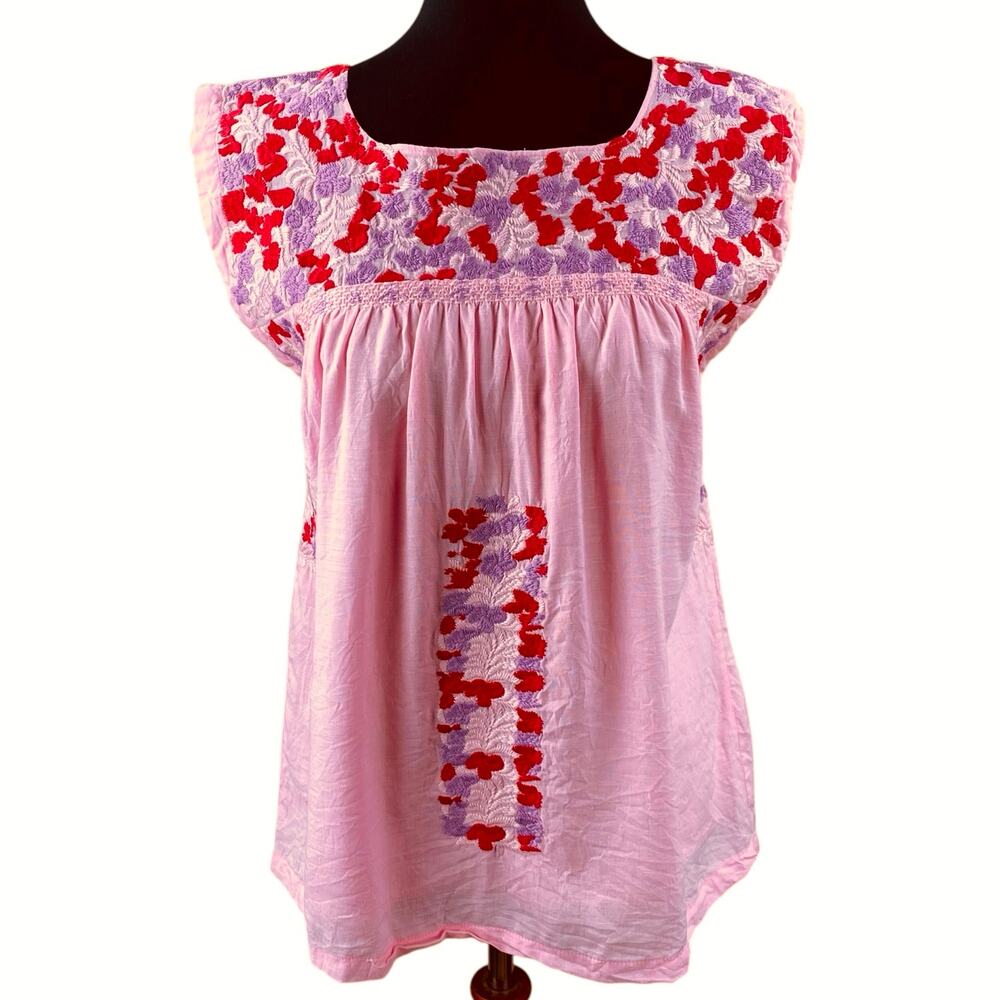 J. Marie Boho Floral Embroidered Sleeveless Blouse Pink Size XS